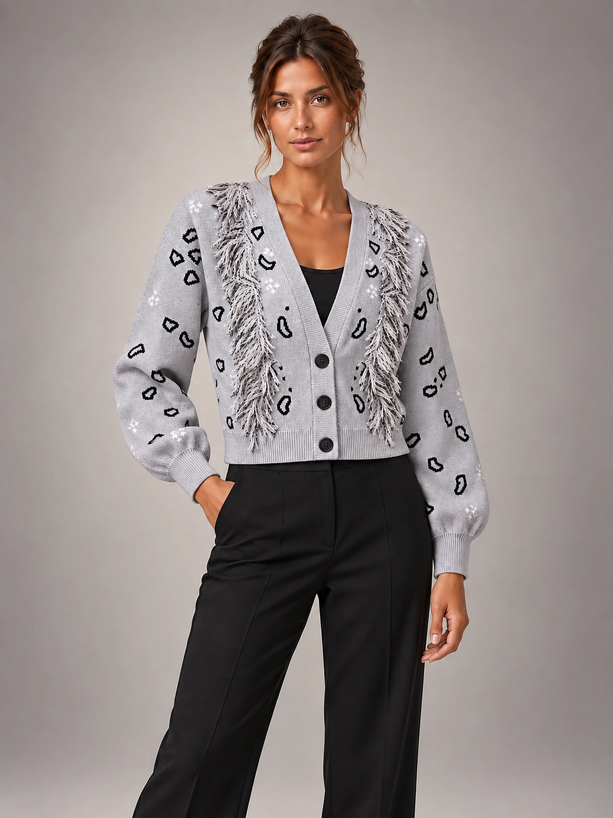 Women's Paisley Jacquard Cardigan – Fringe Trim Cropped in Grey — alternate view