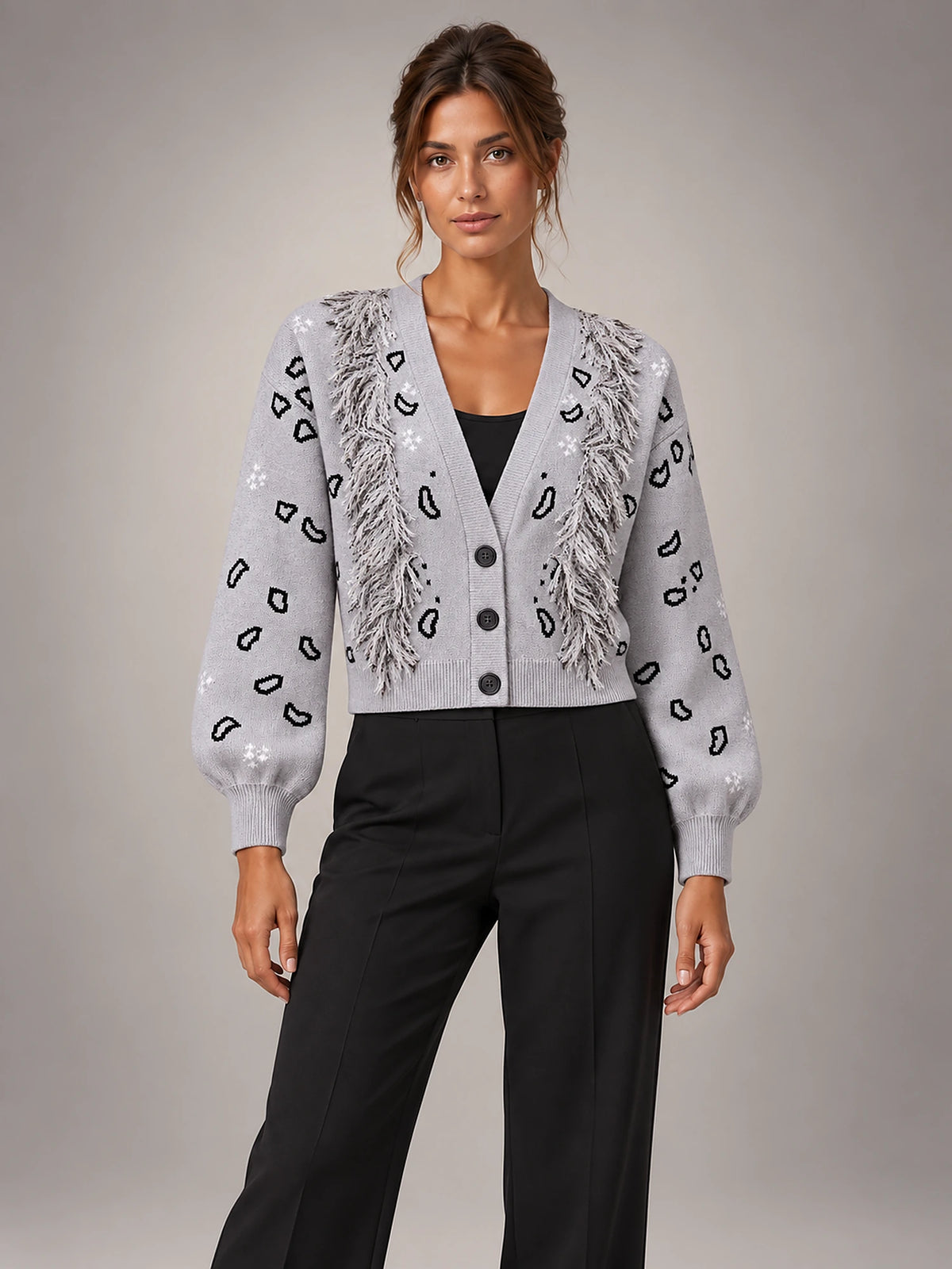 Women's Paisley Jacquard Cardigan – Fringe Trim Cropped in Grey — front view