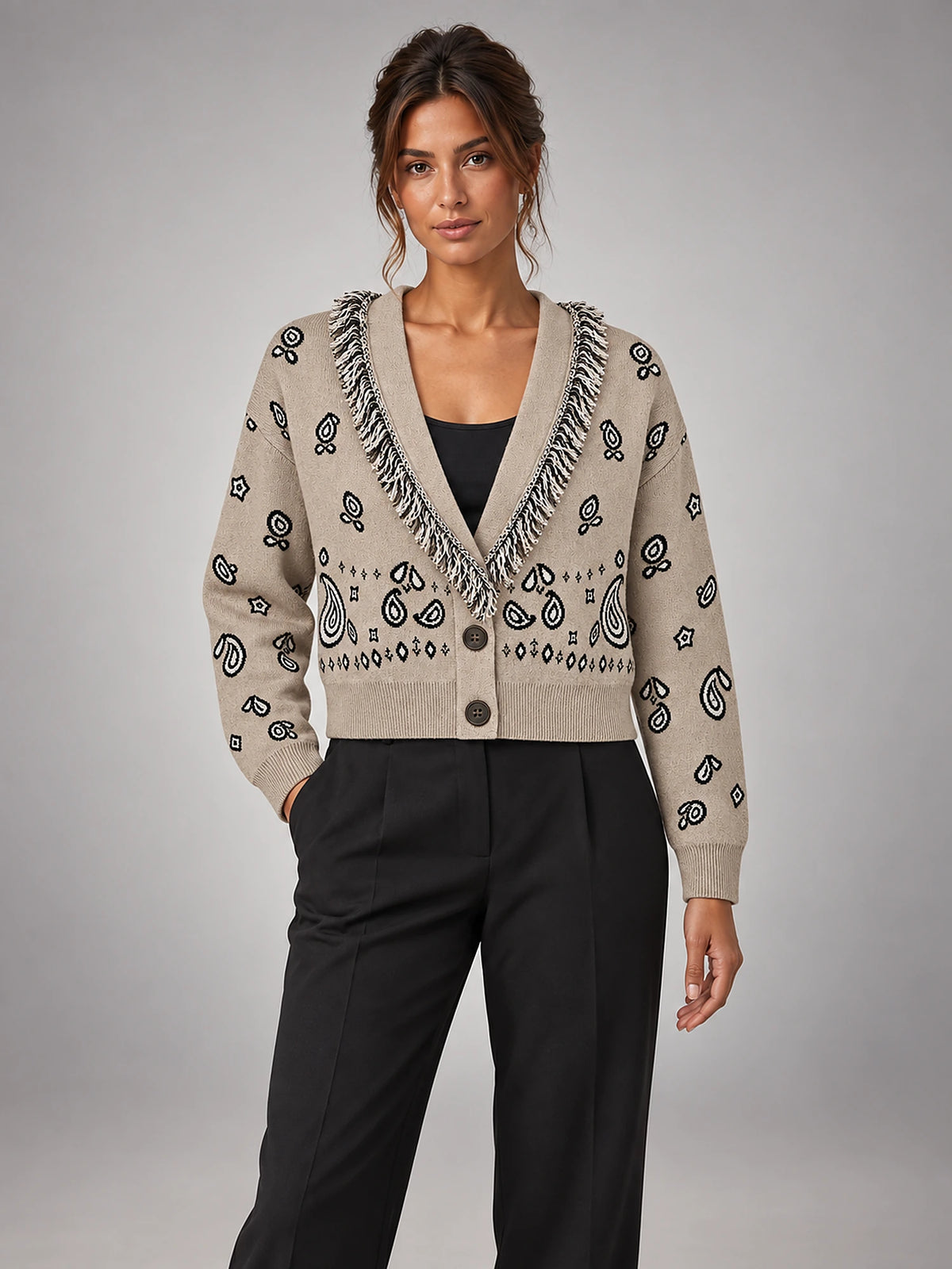 Women's Paisley Jacquard Cardigan – Fringe Trim Cropped in Khaki — front view