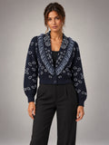 Women's Paisley Jacquard Cardigan – Fringe Trim Cropped in Navy — front view