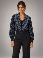 Women's Paisley Jacquard Cardigan – Fringe Trim Cropped in Navy — front view