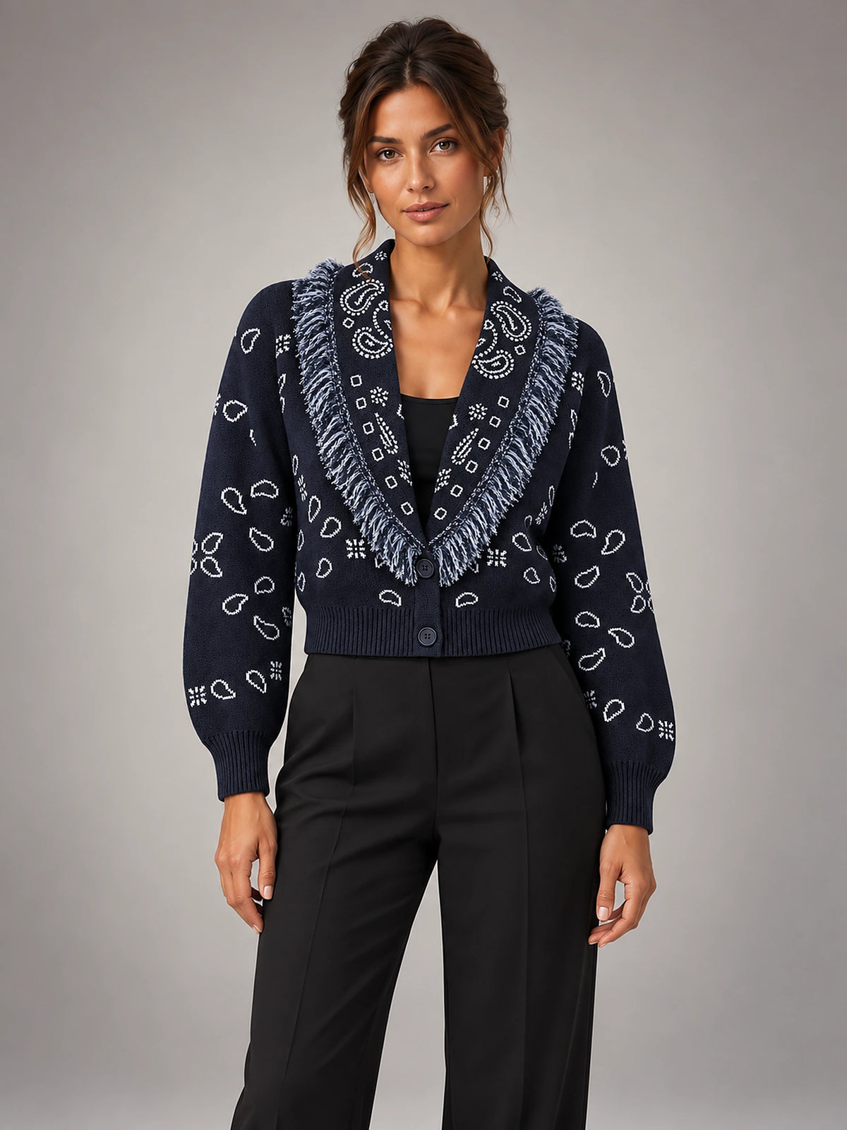 Women's Paisley Jacquard Cardigan – Fringe Trim Cropped in Navy — front view