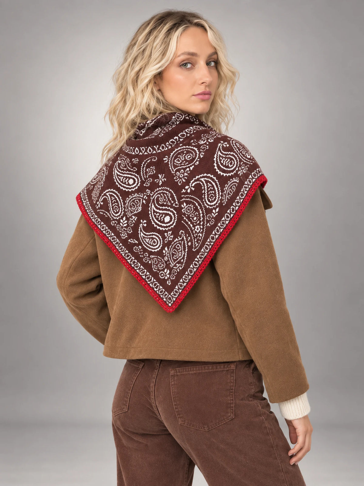 Women's Paisley Triangle Scarf – Contrast Border in Burgundy Navy Paisley — back view