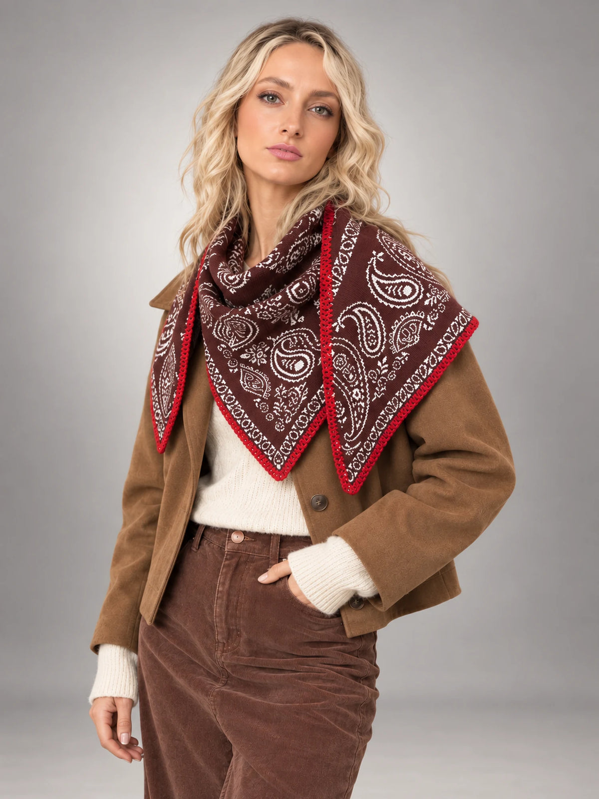 Women's Paisley Triangle Scarf – Contrast Border in Burgundy Navy Paisley — alternate view