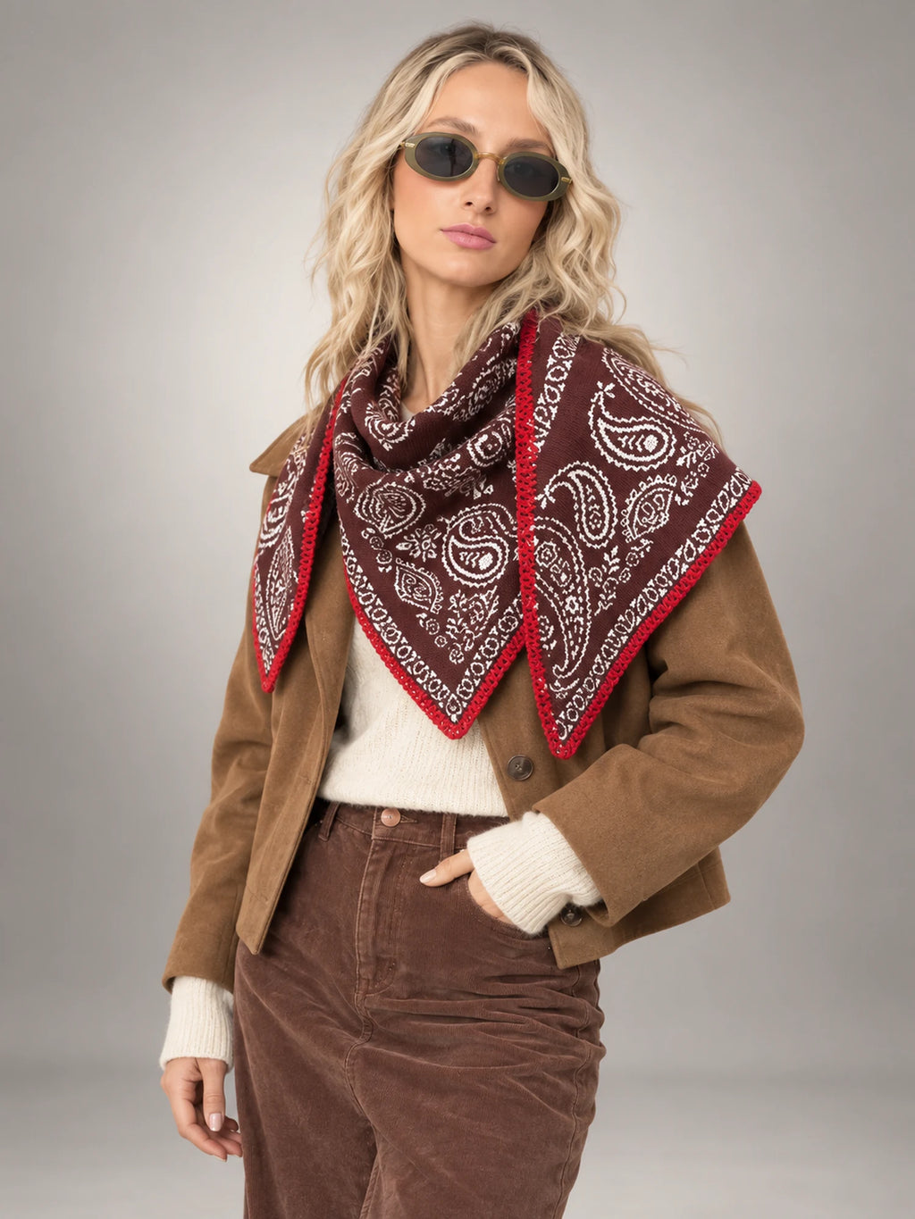 Women's Paisley Triangle Scarf – Contrast Border in Burgundy Navy Paisley — front view