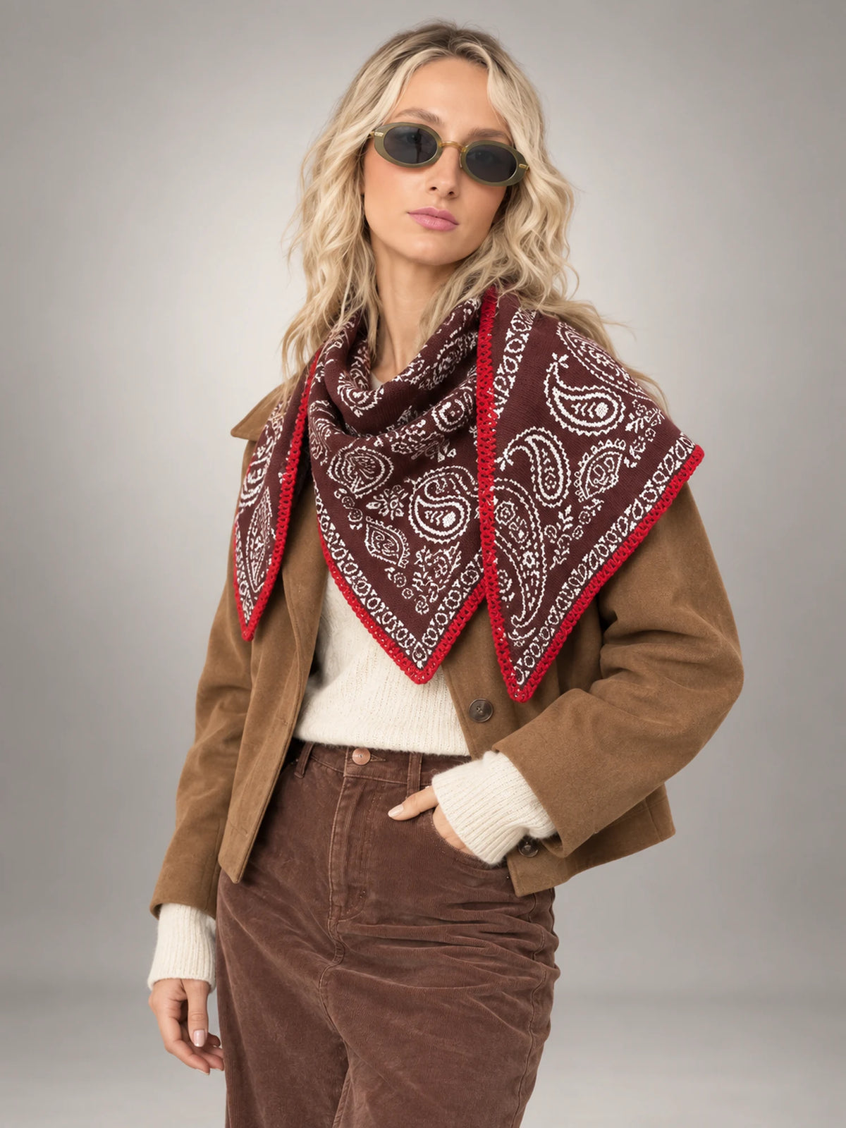 Women's Paisley Triangle Scarf – Contrast Border in Burgundy Navy Paisley — front view