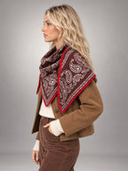 Women's Paisley Triangle Scarf – Contrast Border in Burgundy Navy Paisley — side view