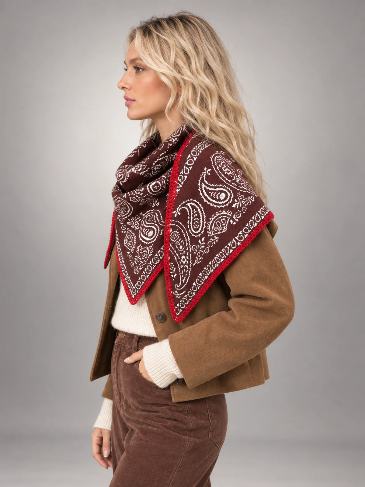 Women's Paisley Triangle Scarf – Contrast Border in Burgundy Navy Paisley — side view