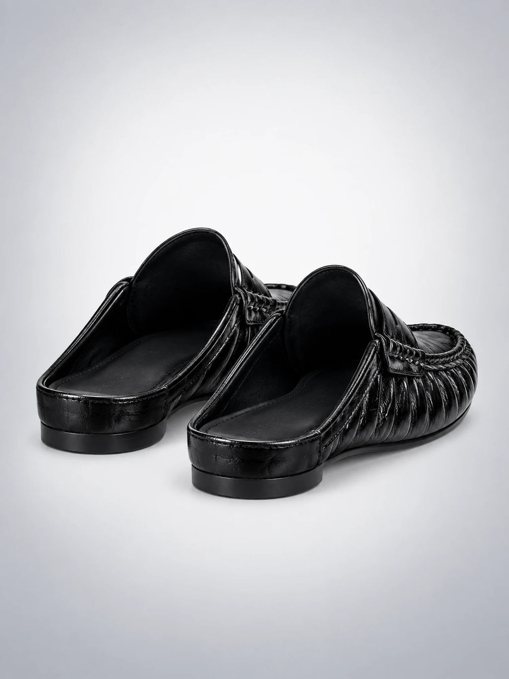 Women's Pleated Leather Mules – Flat Heel in Black — back view