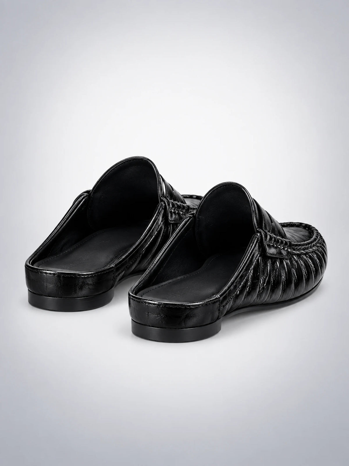 Women's Pleated Leather Mules – Flat Heel in Black — back view