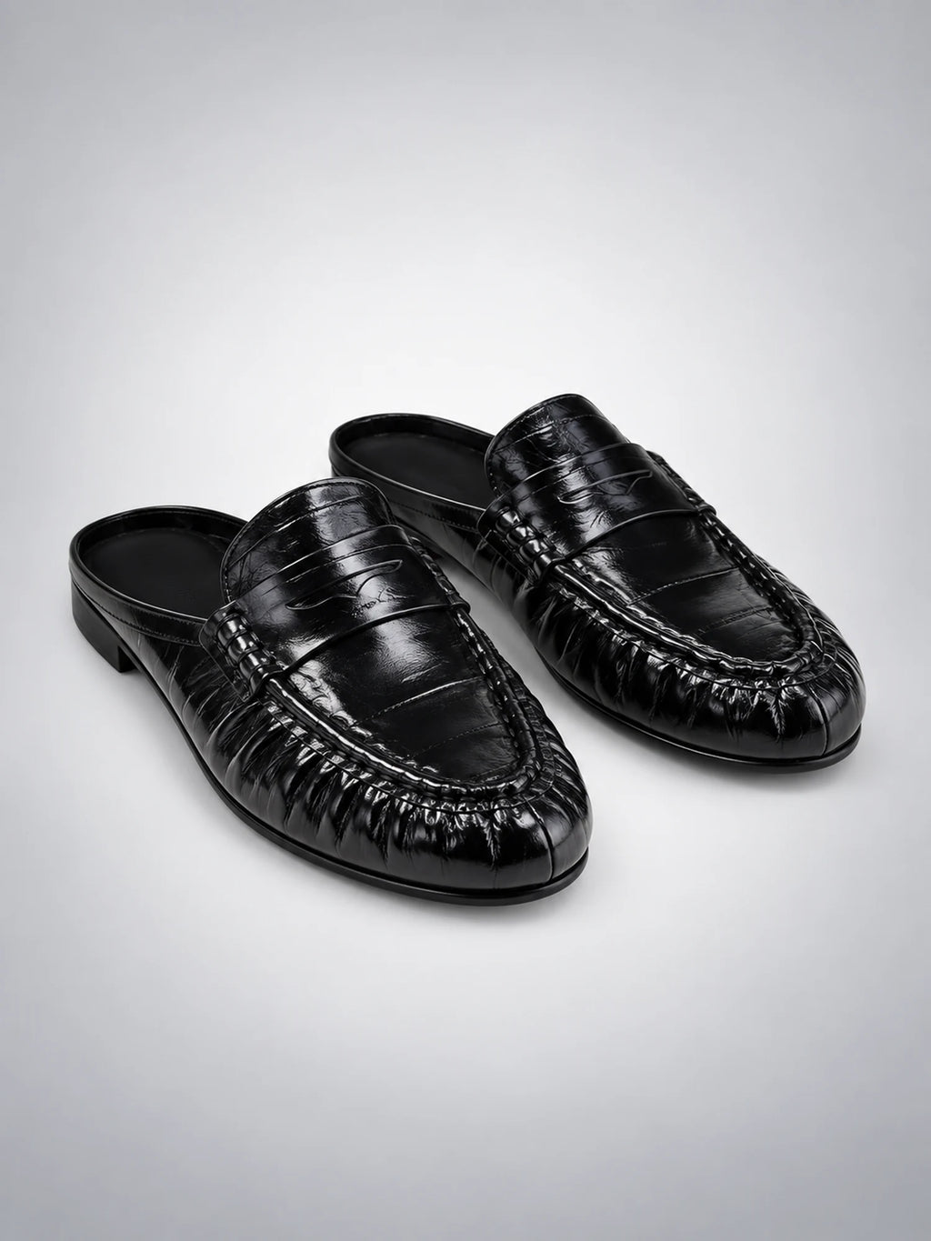 Women's Pleated Leather Mules – Flat Heel in Black — back view