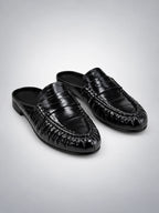 Women's Pleated Leather Mules – Flat Heel in Black — back view