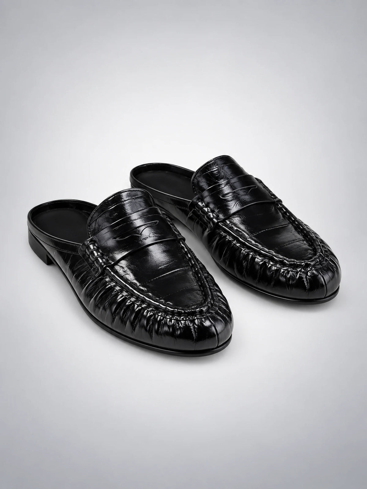 Women's Pleated Leather Mules – Flat Heel in Black — back view