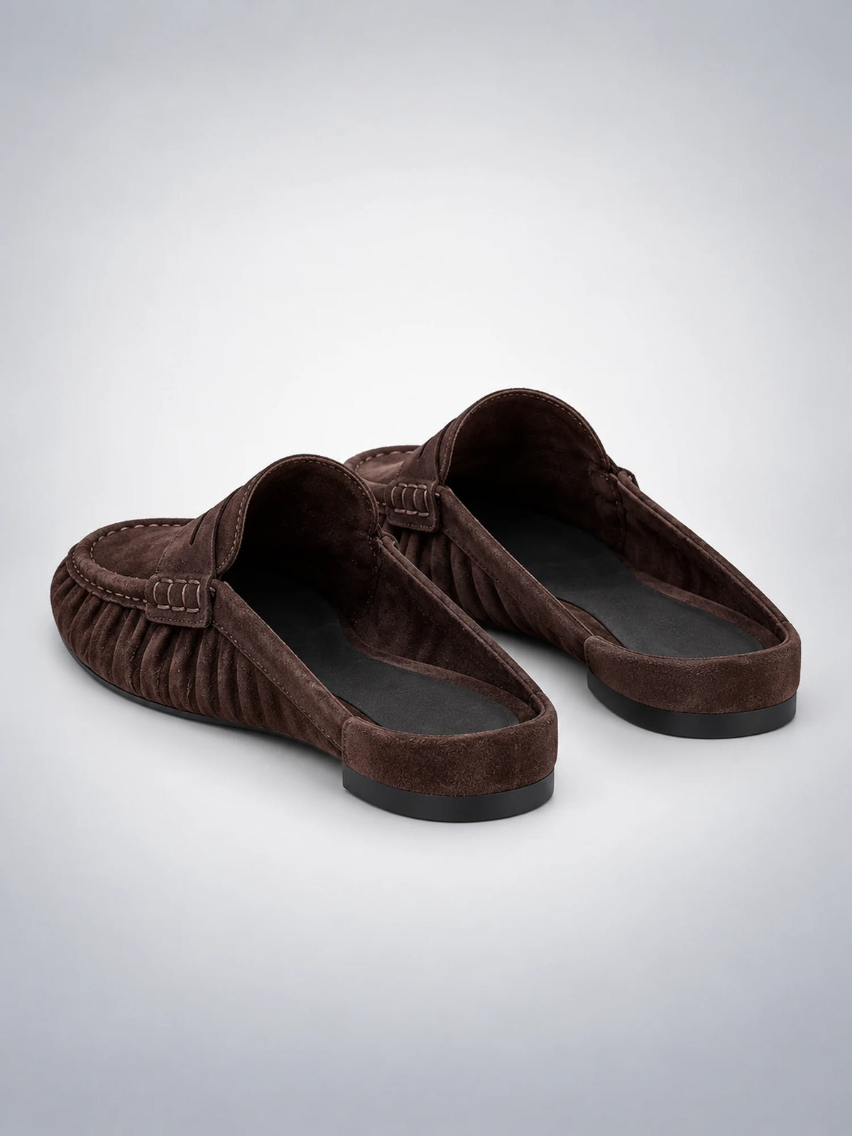 Women's Pleated Leather Mules – Flat Heel in Dark Brown — back view
