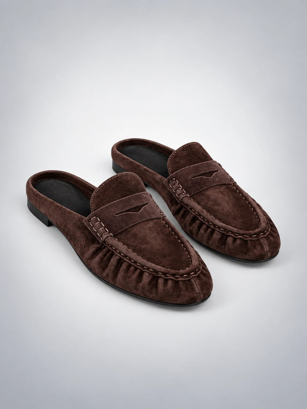 Women's Pleated Leather Mules – Flat Heel in Dark Brown — back view