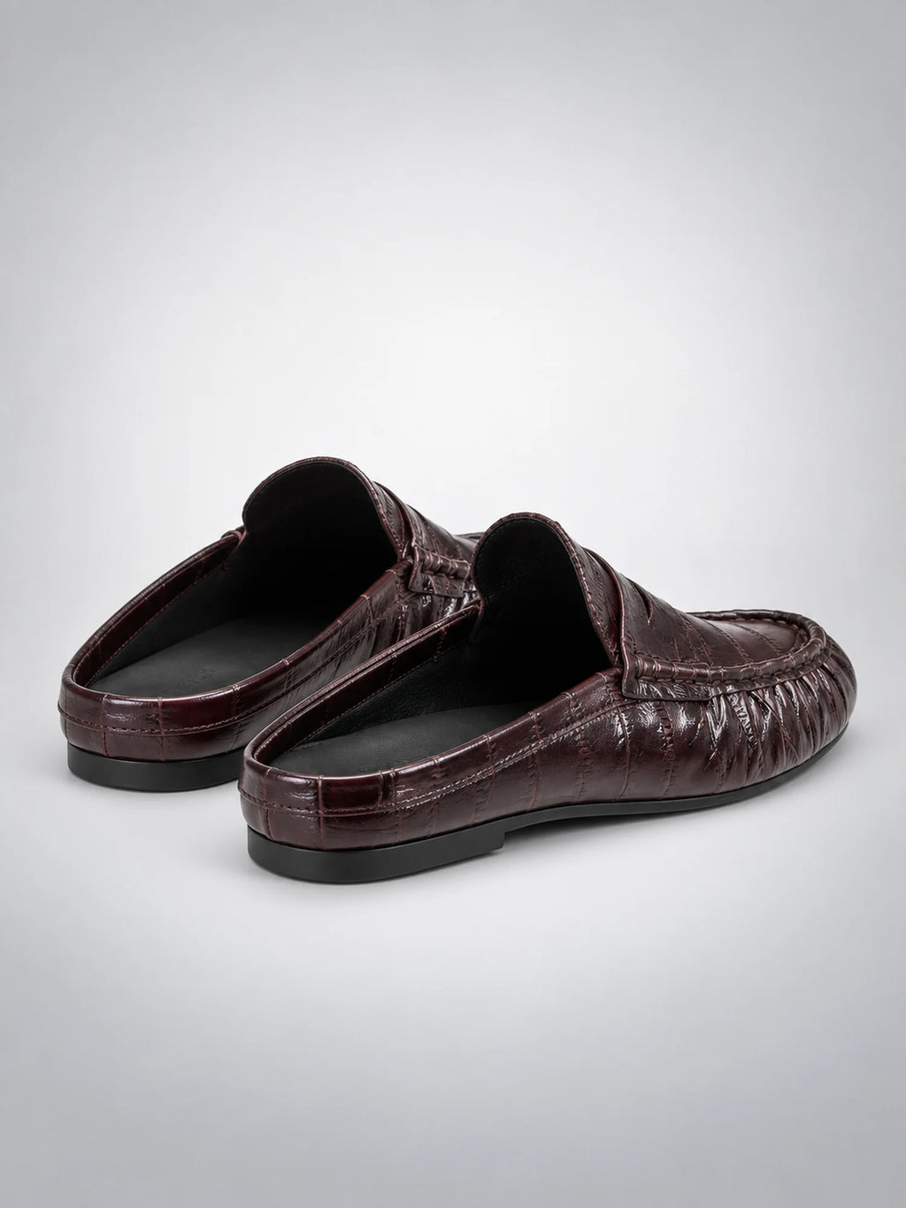 Women's Pleated Leather Mules – Flat Heel in Dark Burgundy — back view