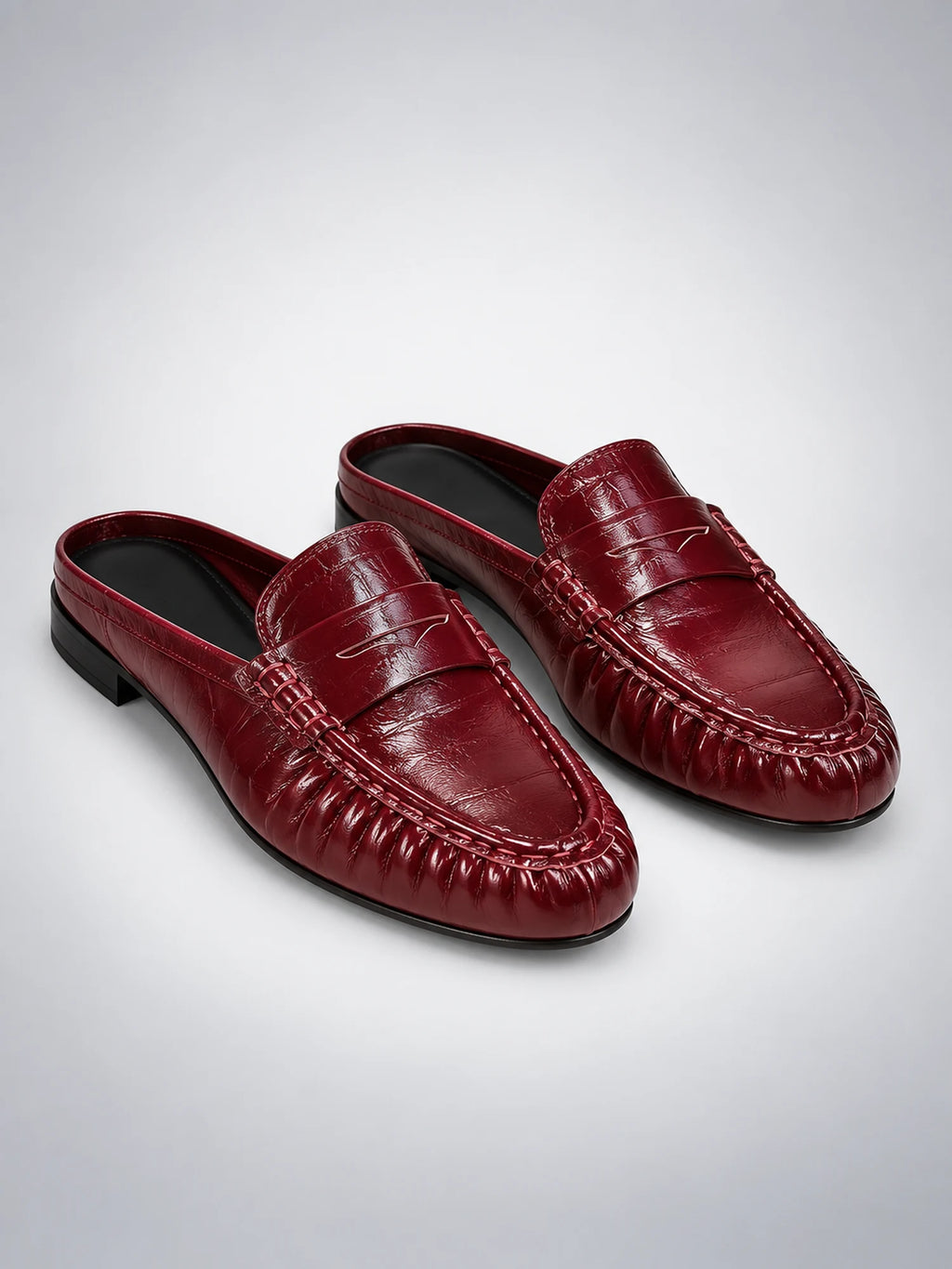 Women's Pleated Leather Mules – Flat Heel in Red — back view