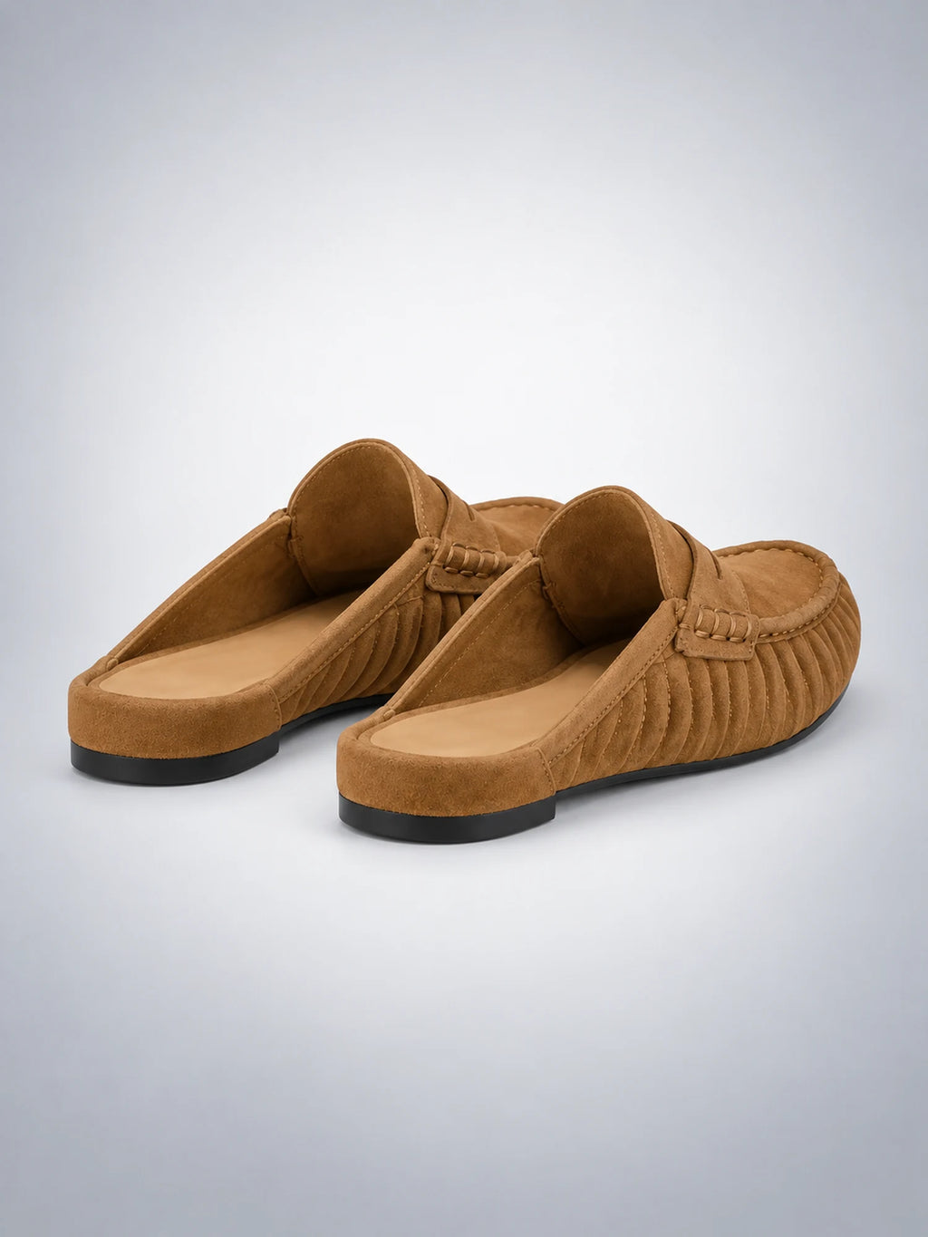 Women's Pleated Leather Mules – Flat Heel in Tan — side view