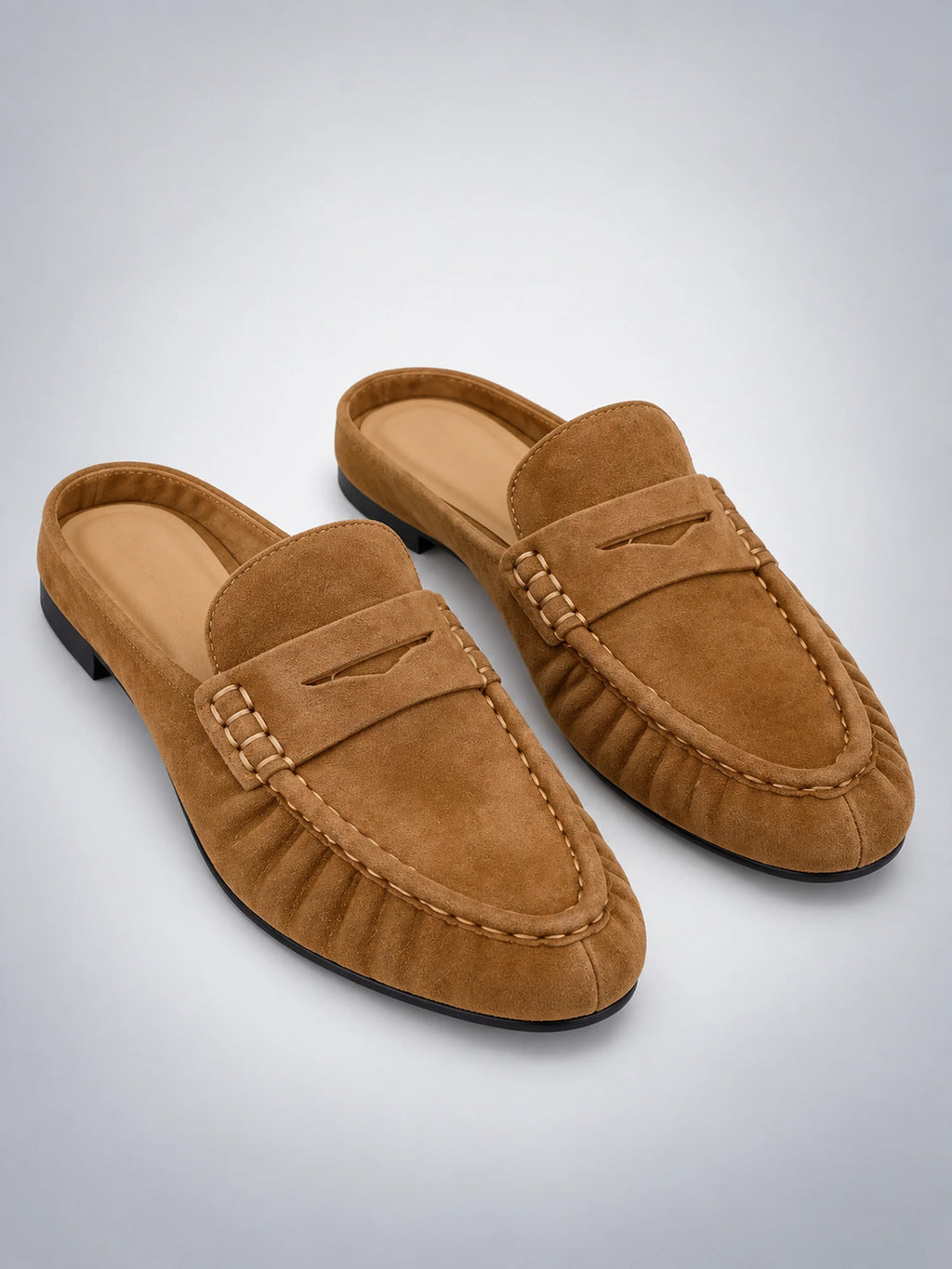 Women's Pleated Leather Mules – Flat Heel in Tan — hover view