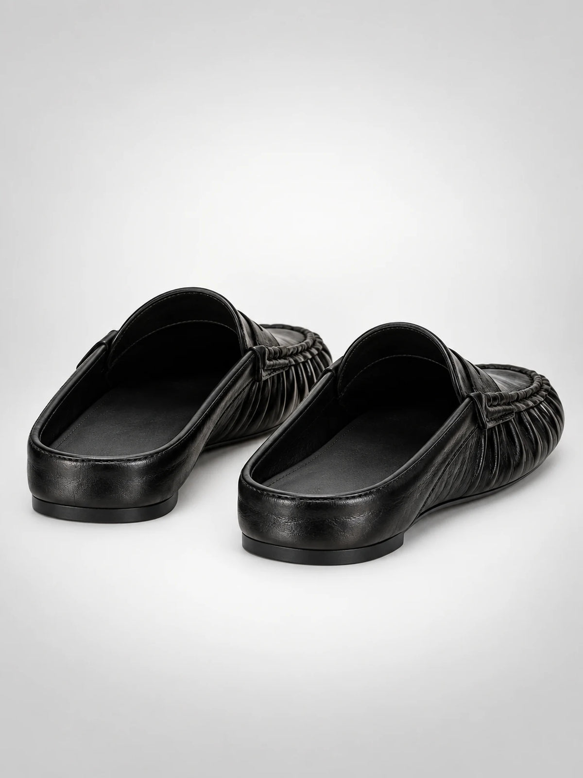 Women's Pleated Leather Mules – Penny Strap in Black — back view