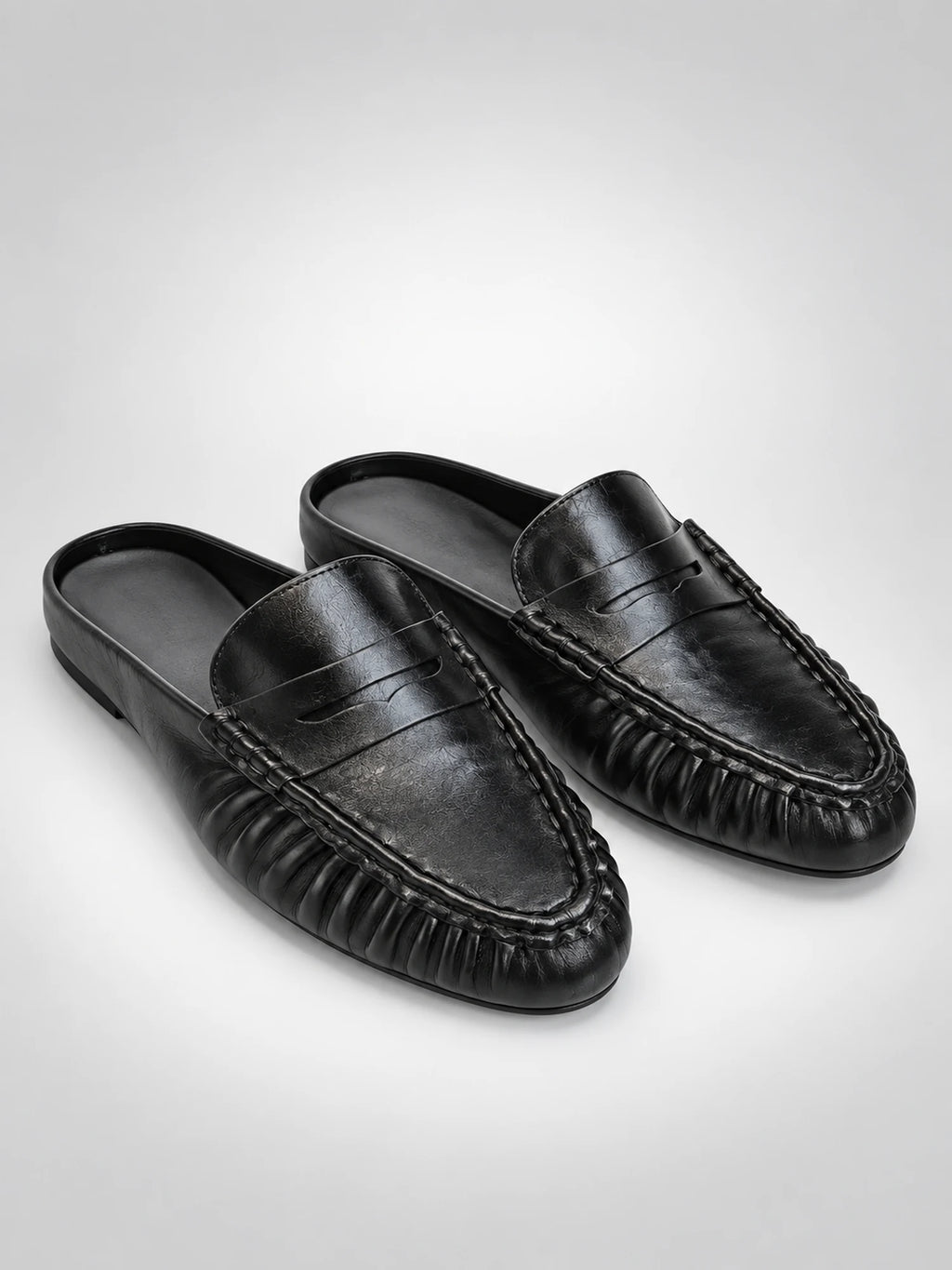 Women's Pleated Leather Mules – Penny Strap in Black — back view