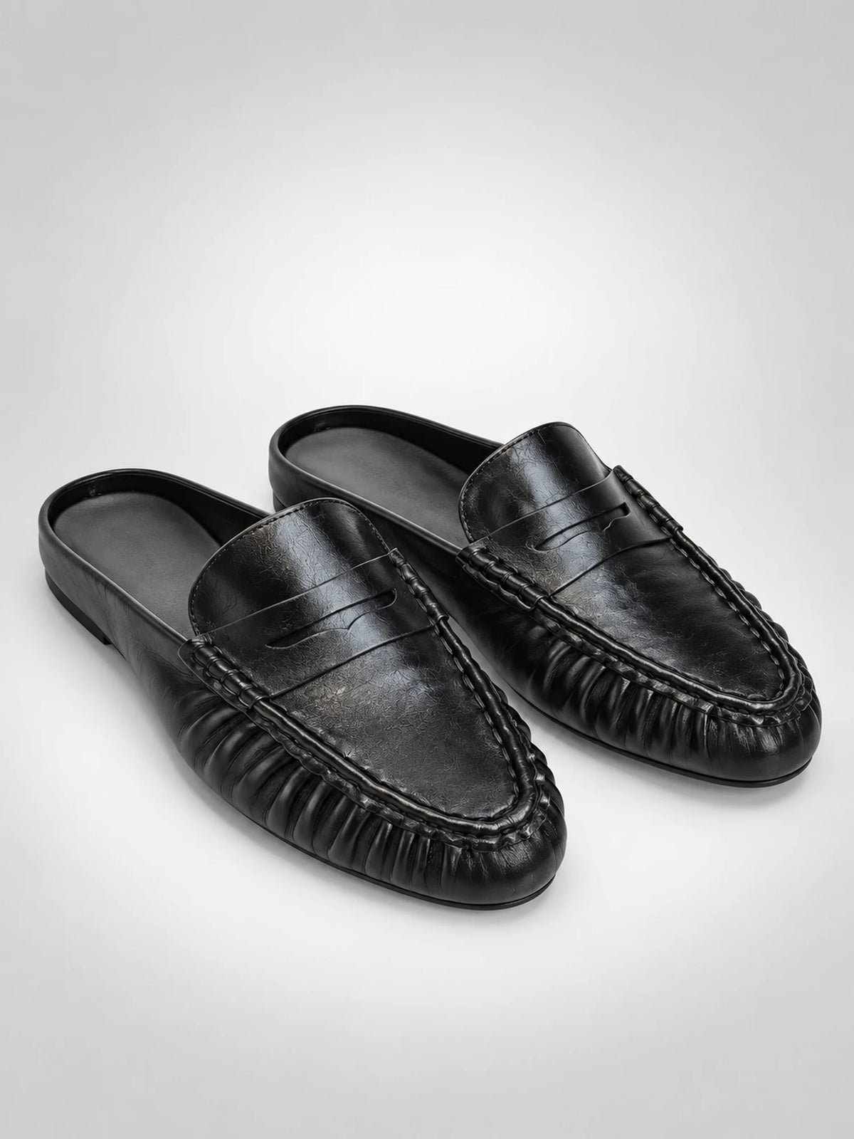 Women's Pleated Leather Mules – Penny Strap in Black — back view