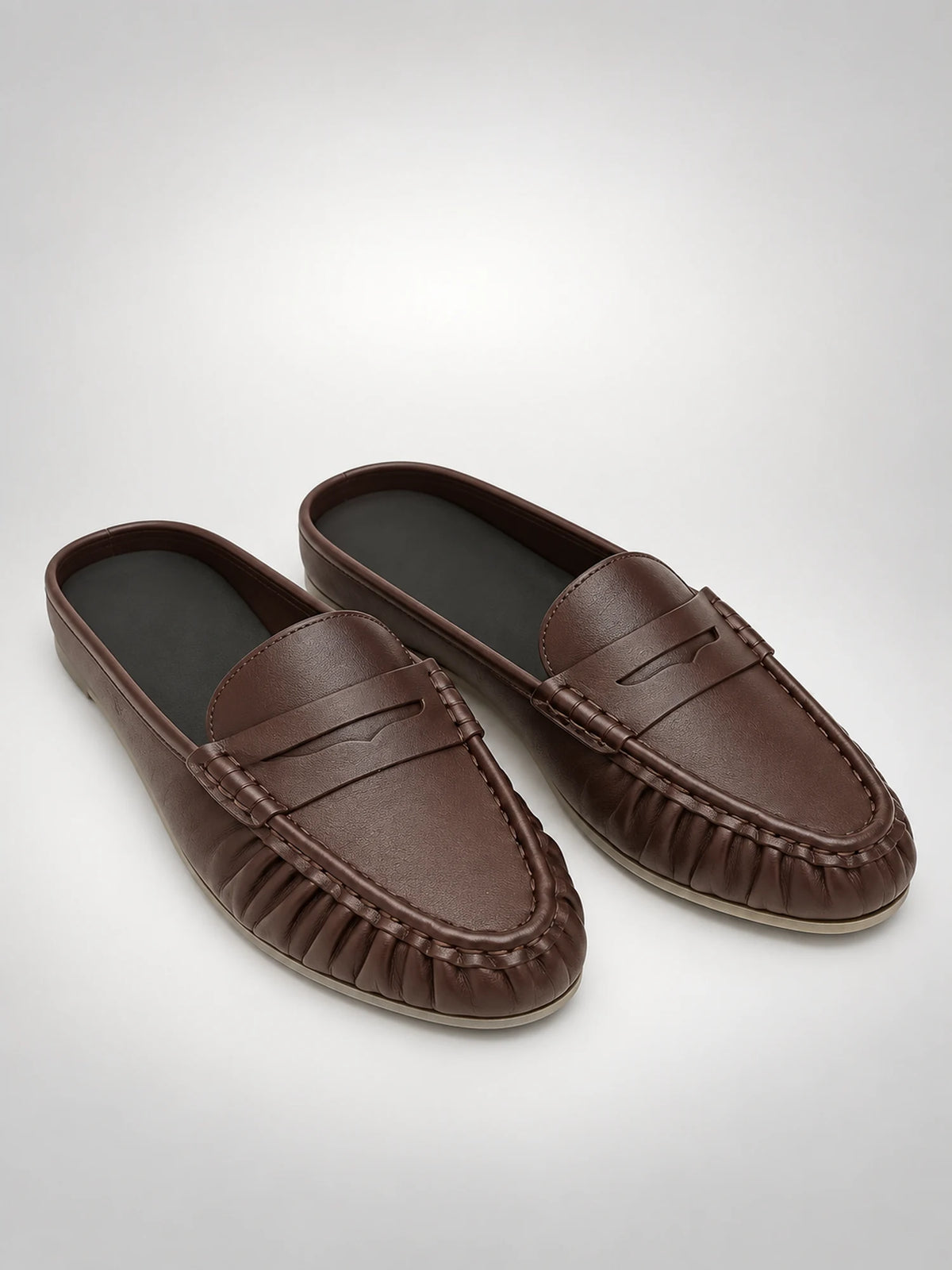Women's Pleated Leather Mules – Penny Strap in Brown — back view