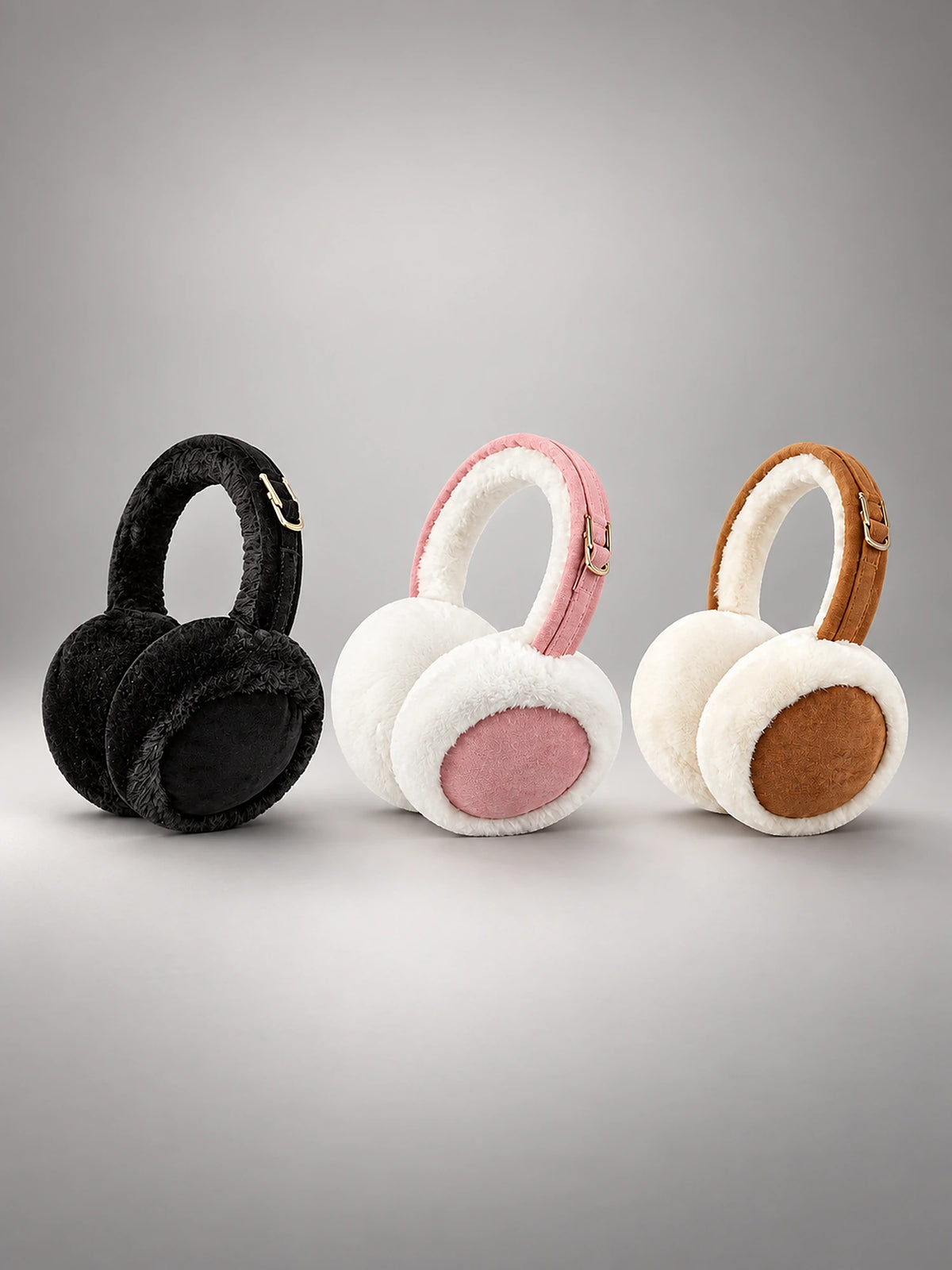 Women's Plush Earmuffs – Foldable Ear Warmers in Black, Tan & Pink — front view