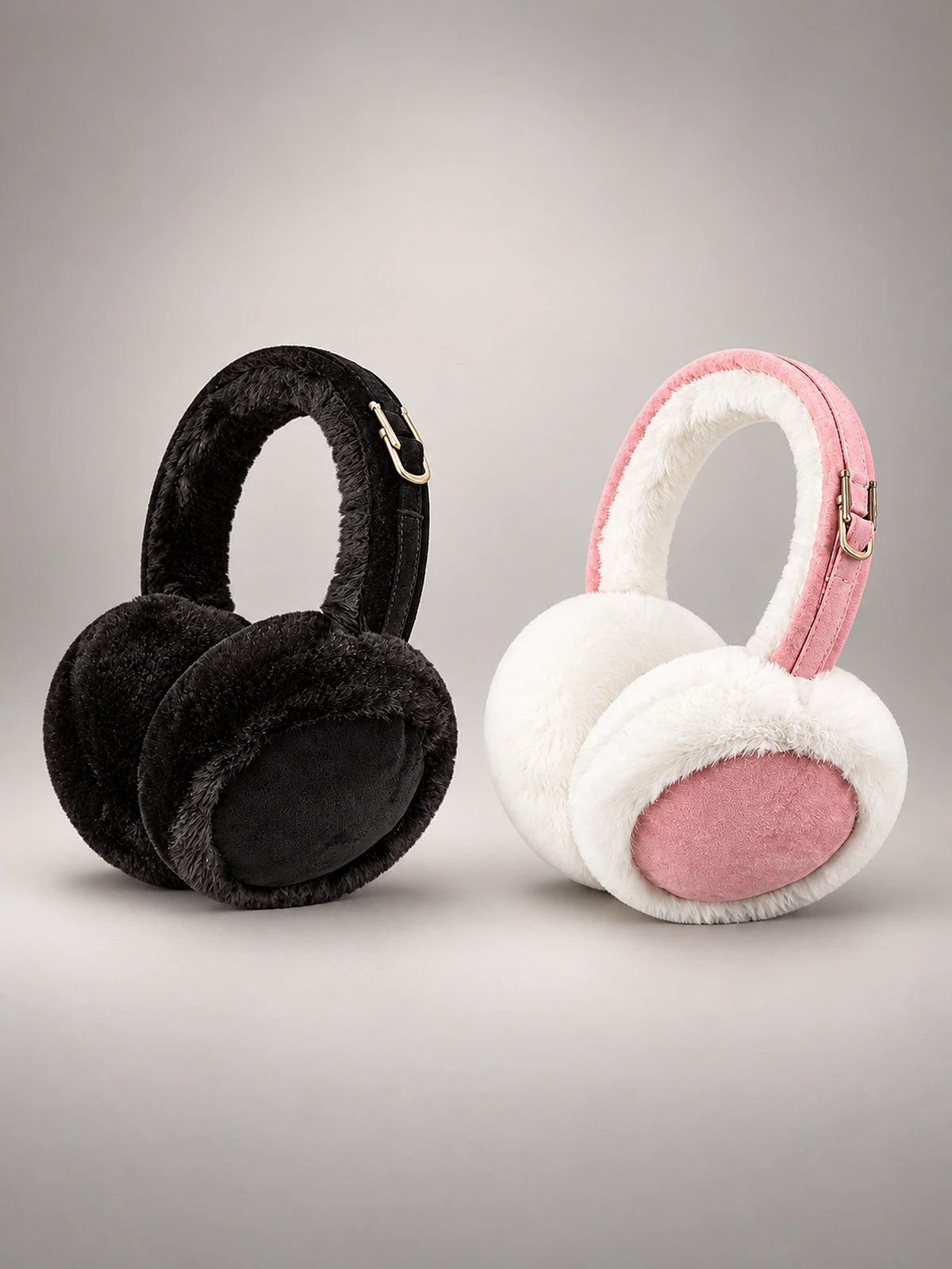 Women's Plush Earmuffs – Foldable Ear Warmers in Black & Pink — front view
