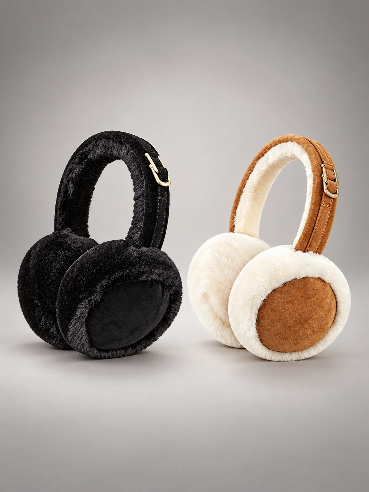 Women's Plush Earmuffs – Foldable Ear Warmers in Black & Tan — front view
