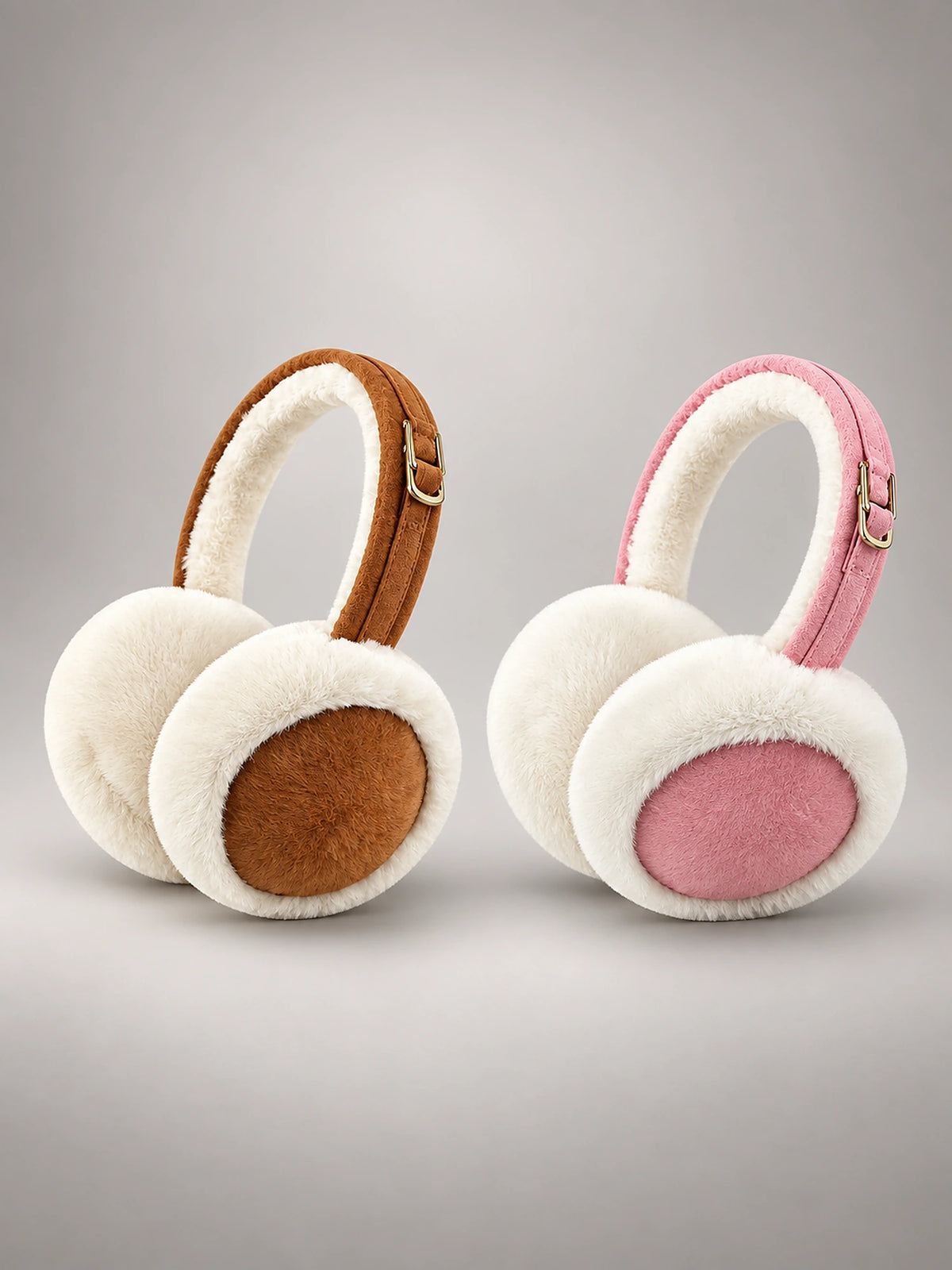 Women's Plush Earmuffs – Foldable Ear Warmers in Tan & Pink — front view