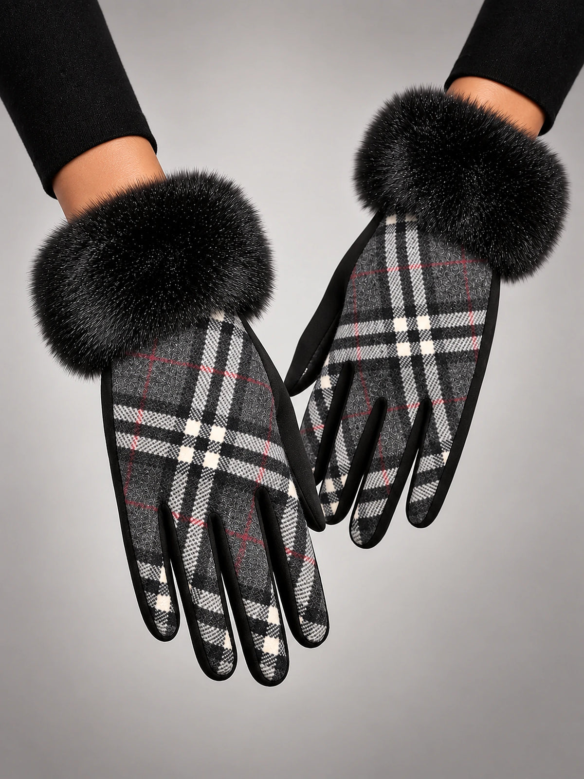 Women's Plush Touchscreen Gloves – Warm Winter in Black Check — alternate view