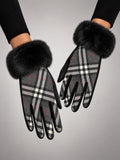 Women's Plush Touchscreen Gloves – Warm Winter in Black Check — front view