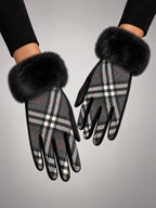 Women's Plush Touchscreen Gloves – Warm Winter in Black Check — front view