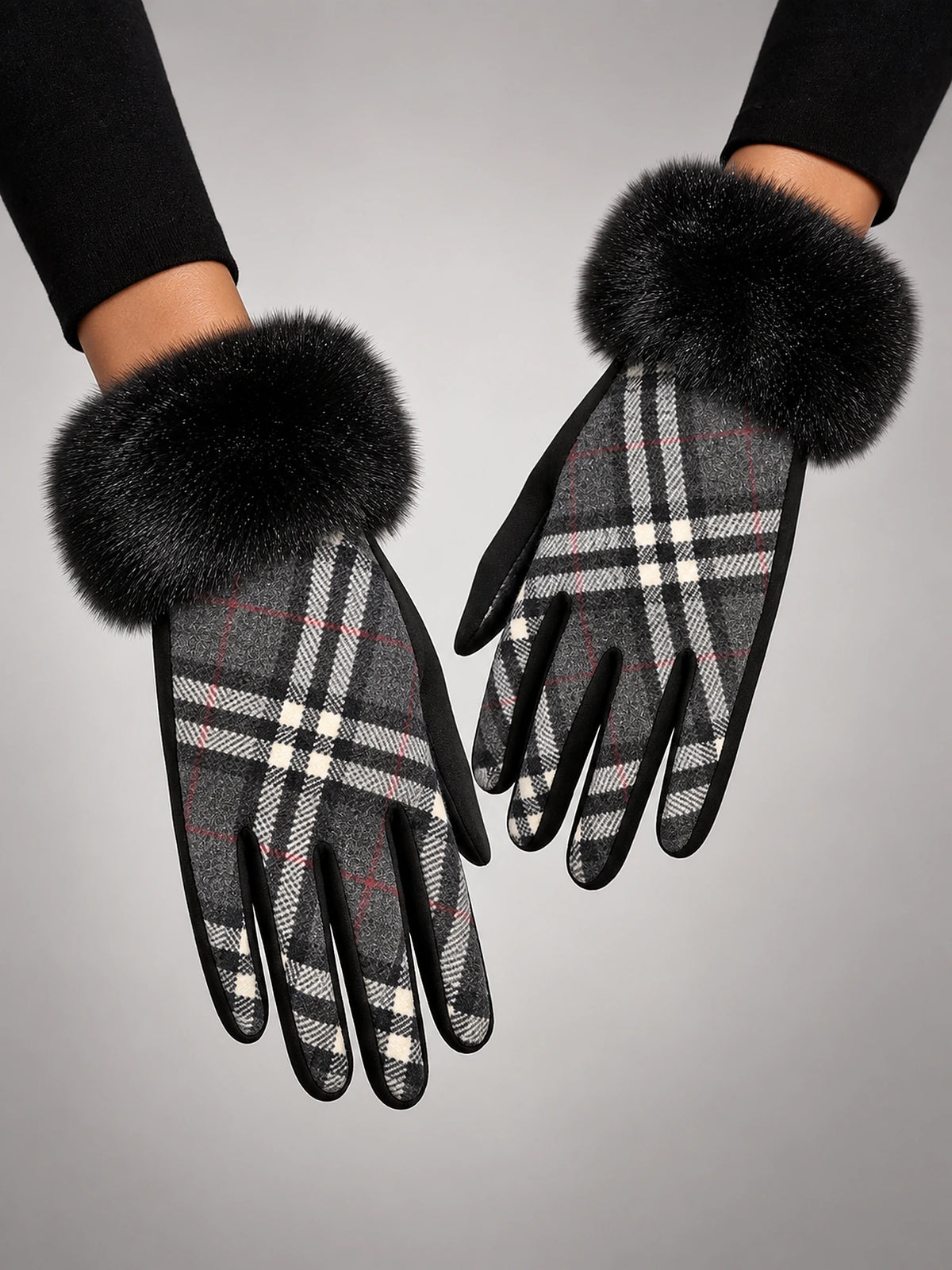 Women's Plush Touchscreen Gloves – Warm Winter in Black Check — front view