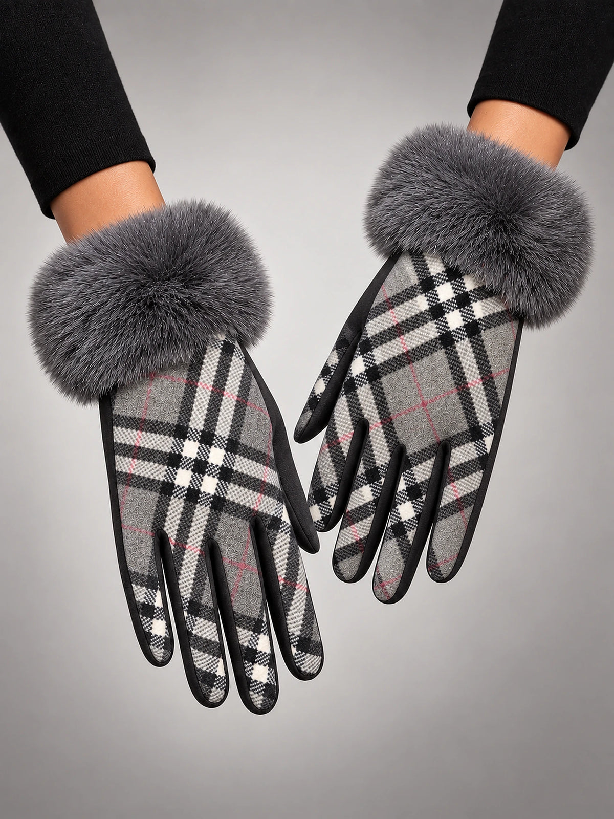 Women's Plush Touchscreen Gloves – Warm Winter in Grey Check — front view