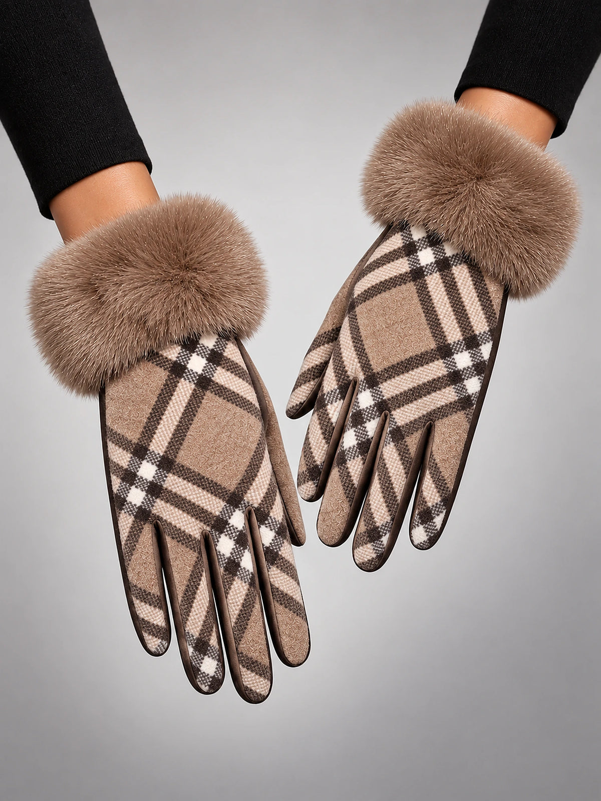 Women's Plush Touchscreen Gloves – Warm Winter in Beige Check — front view