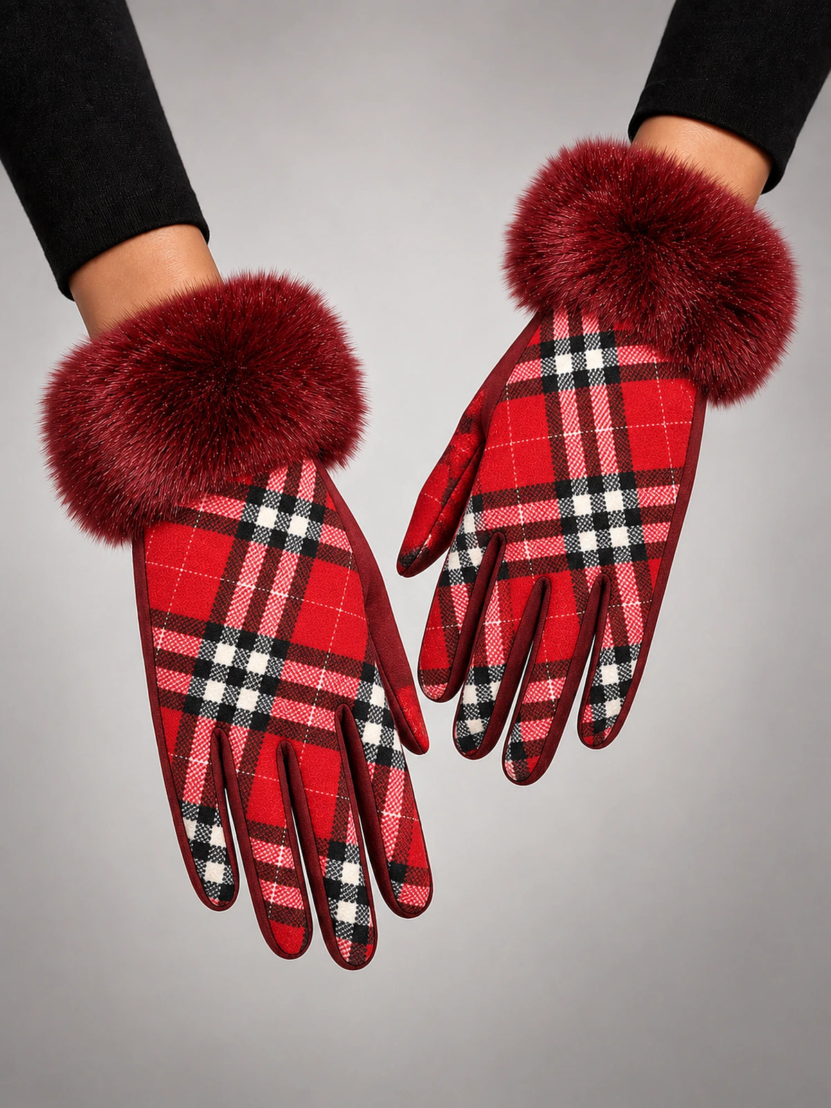 Women's Plush Touchscreen Gloves – Warm Winter in Red Check — front view