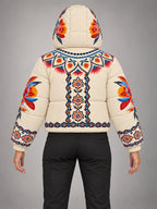 Women's Printed Hooded Ski Jacket – Padded Zip-Up in Cream Print — back view