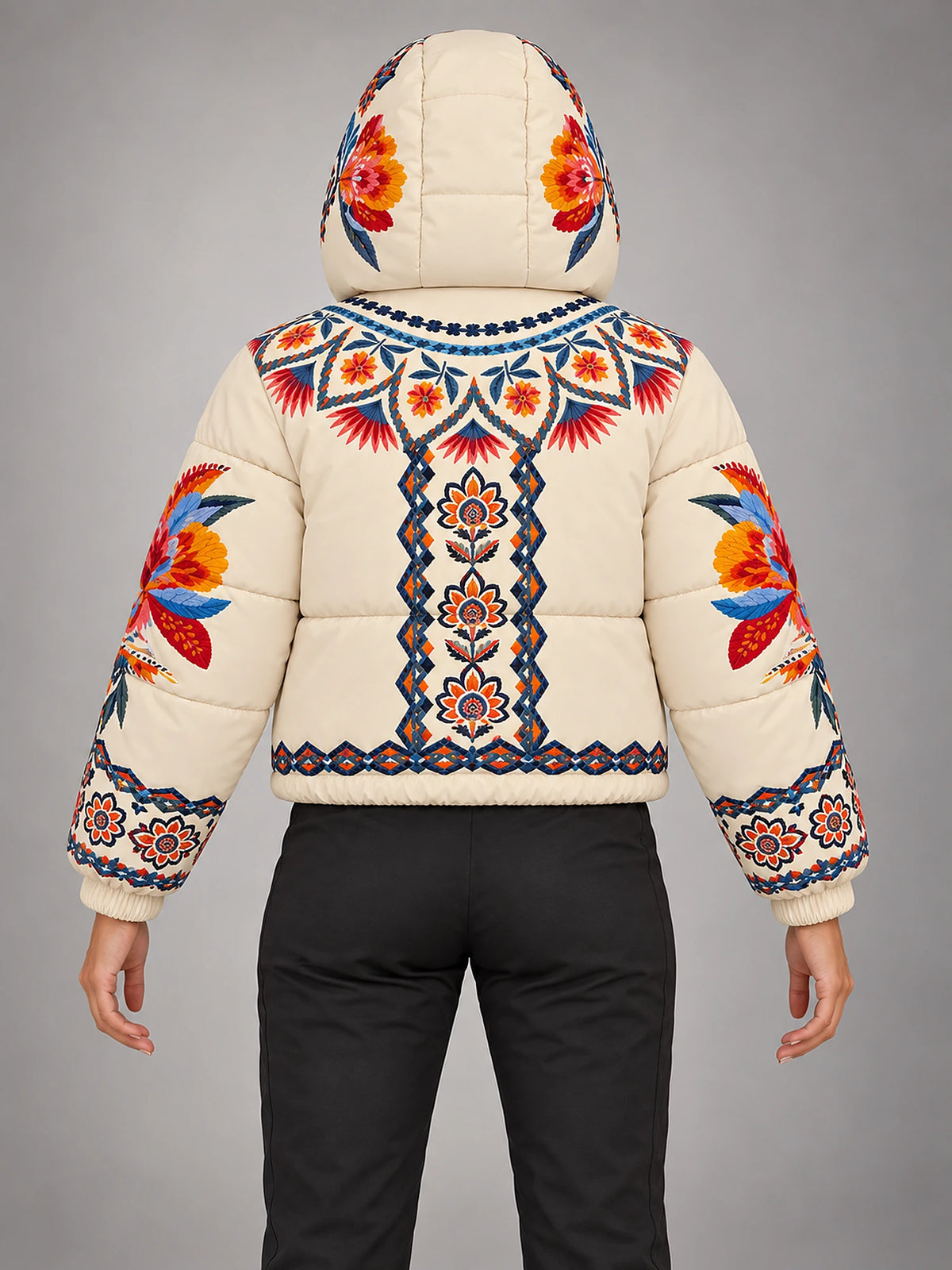 Women's Printed Hooded Ski Jacket – Padded Zip-Up in Cream Print — back view