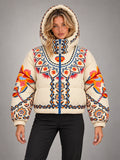 Women's Printed Hooded Ski Jacket – Padded Zip-Up in Cream Print — front view