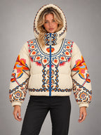Women's Printed Hooded Ski Jacket – Padded Zip-Up in Cream Print — front view