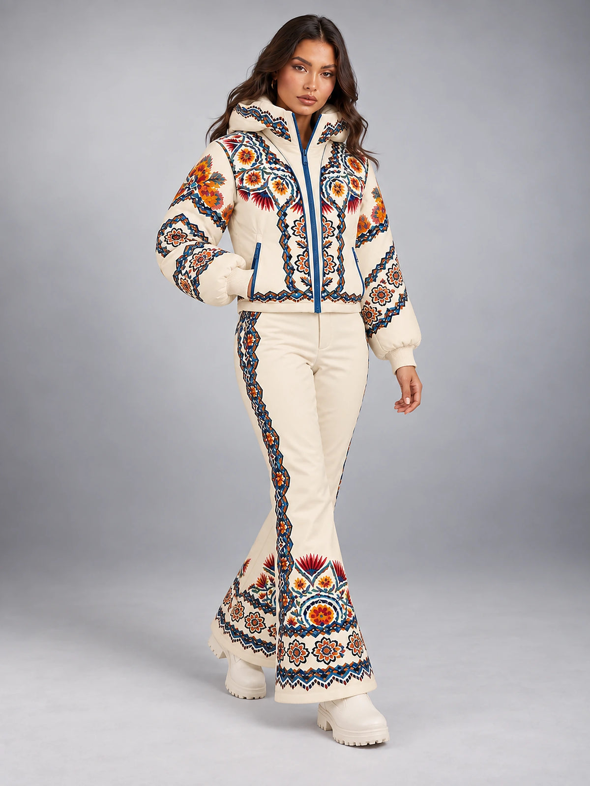 Women's Printed Hooded Ski Suit – Padded Zip-Up in Cream Print — alternate view