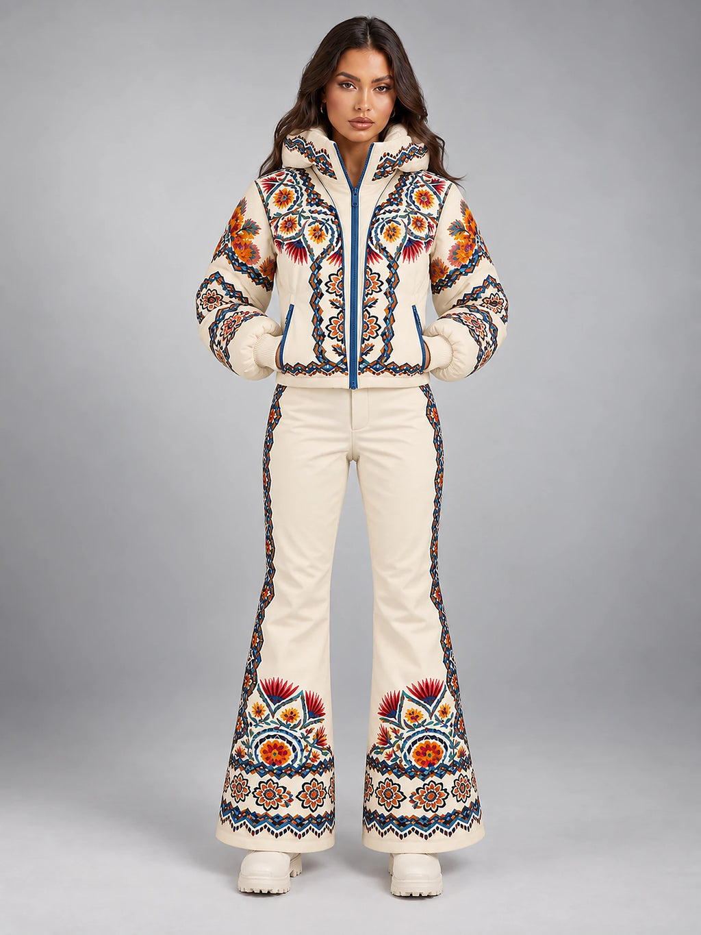 Women's Printed Hooded Ski Suit – Padded Zip-Up in Cream Print — front view