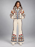 Women's Printed Hooded Ski Suit – Padded Zip-Up in Cream Print — front view