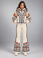 Women's Printed Hooded Ski Suit – Padded Zip-Up in Cream Print — front view