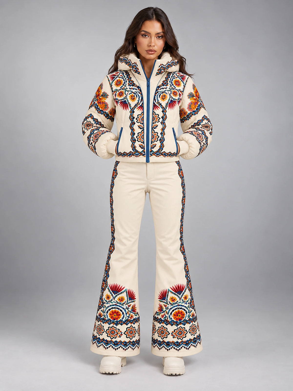 Women's Printed Hooded Ski Suit – Padded Zip-Up in Cream Print — front view
