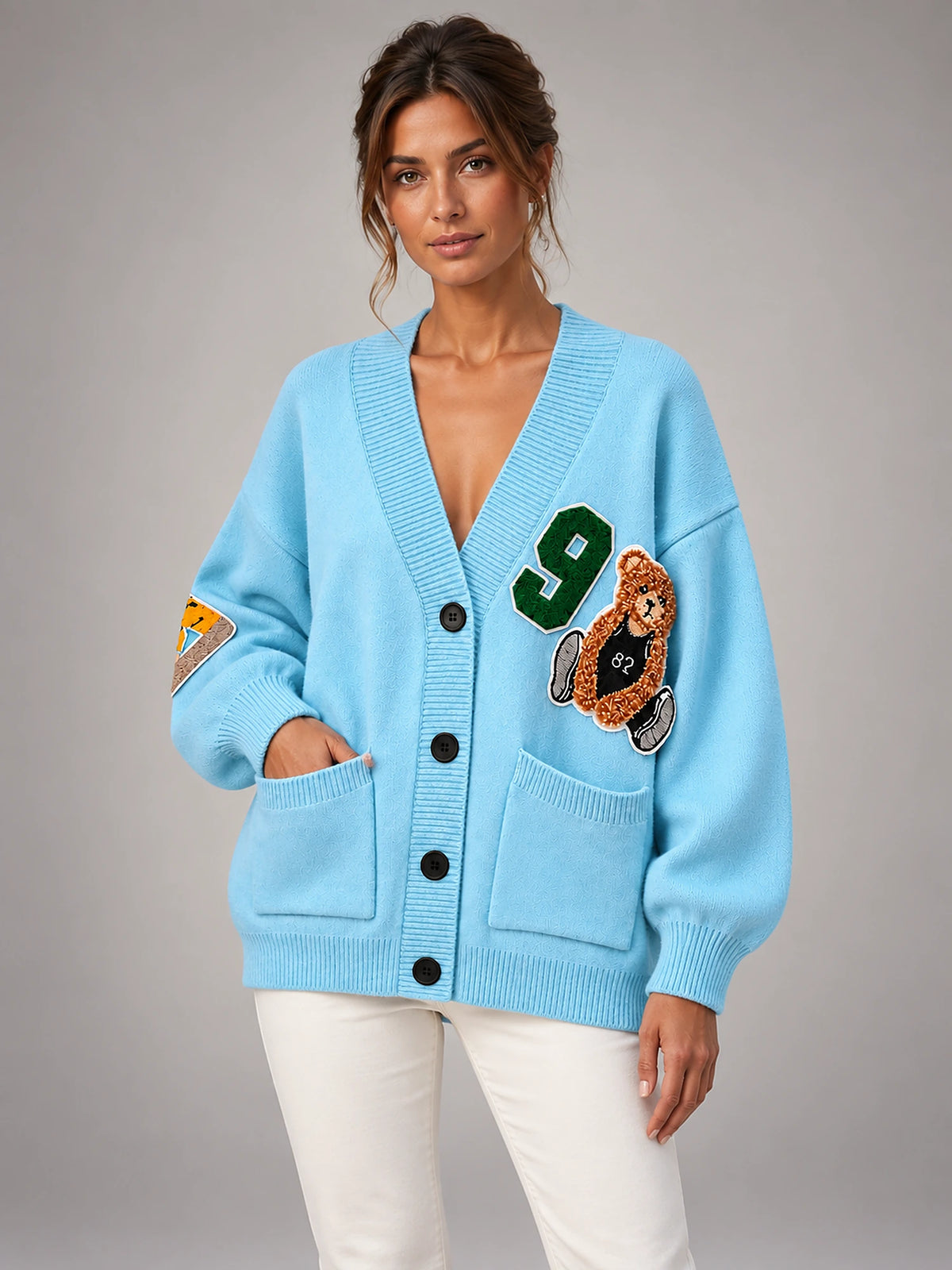 Women's Printed Knit Cardigan – Loose Fit Button-Up in Blue — alternate view