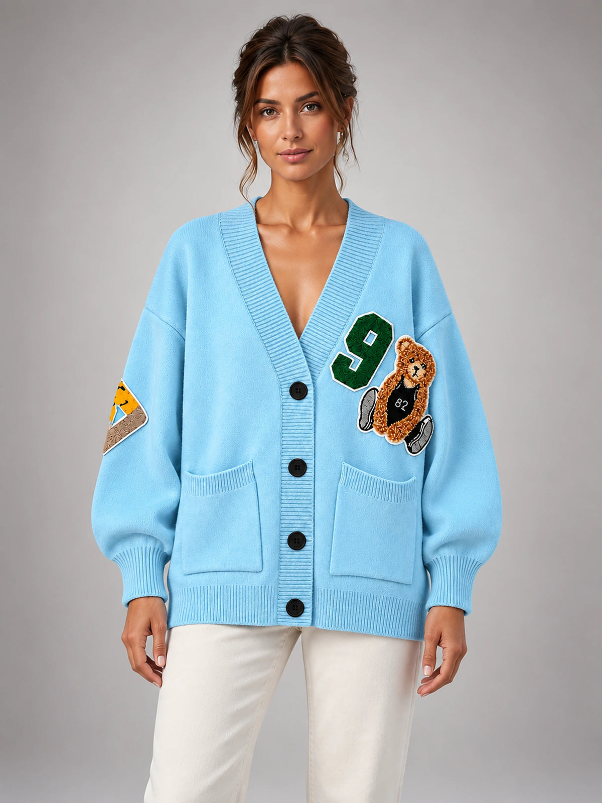 Women's Printed Knit Cardigan – Loose Fit Button-Up in Blue — front view