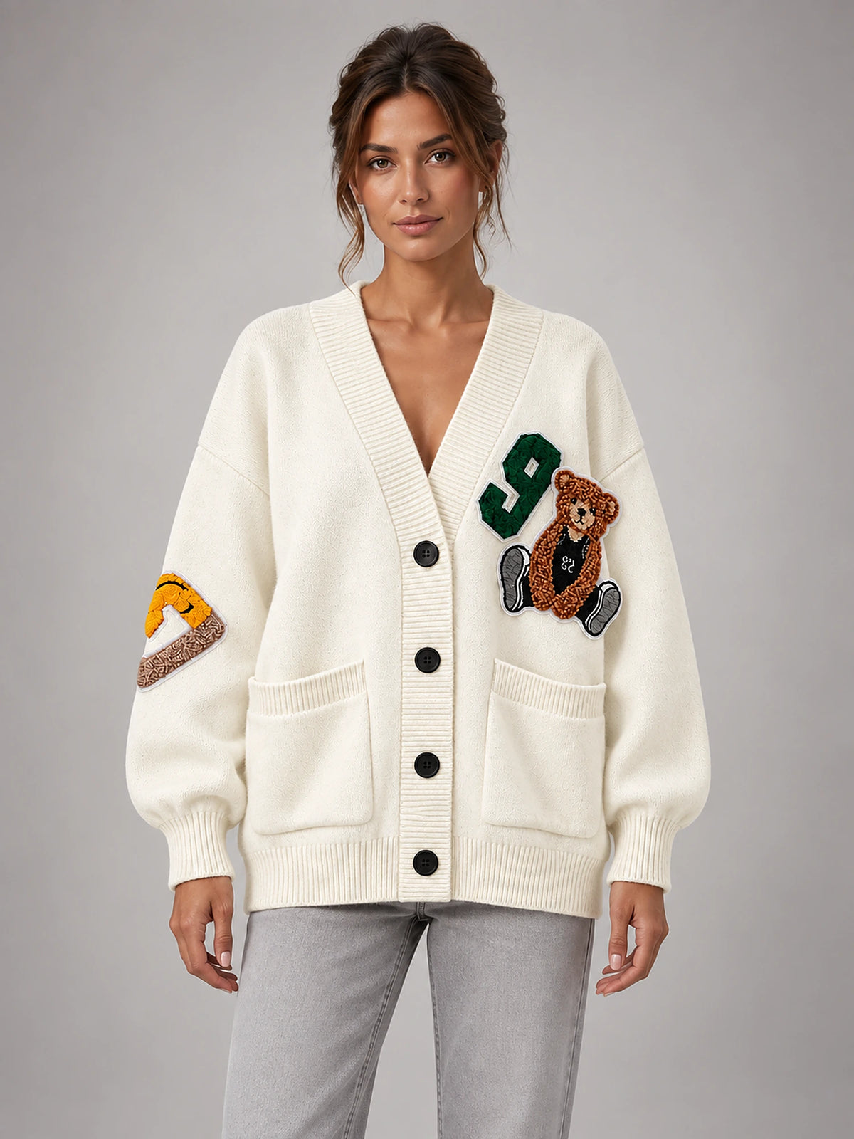 Women's Printed Knit Cardigan – Loose Fit Button-Up in Cream — front view